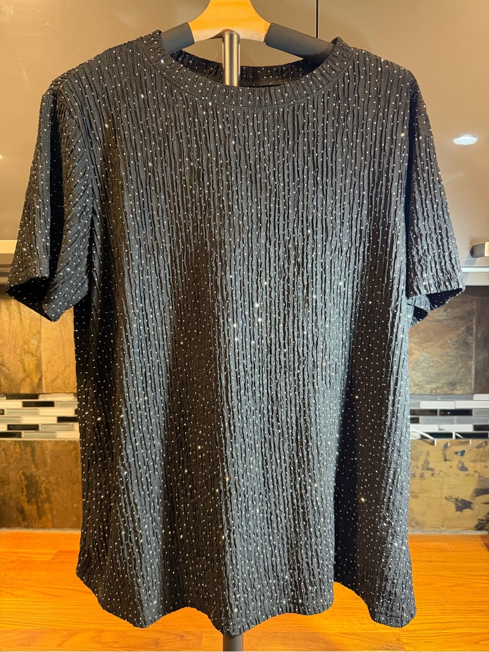 Women’s Micoson Black Short-Sleeve Textured Tee with Subtle Sparkle with Stretch